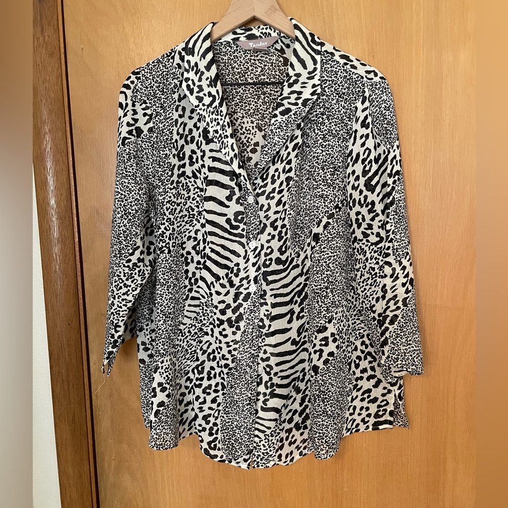 Tanjay Leopard Print Black & White Sheer Blouse Size L